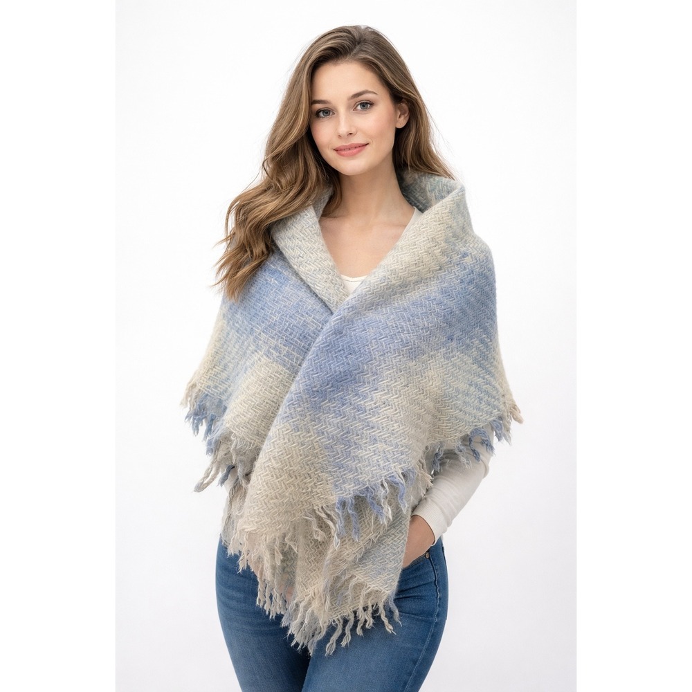 Avoca Ireland Wool Shawl Wrap‎ Lap Blanket Blue Plaid Fringe 36" Throw Cozy